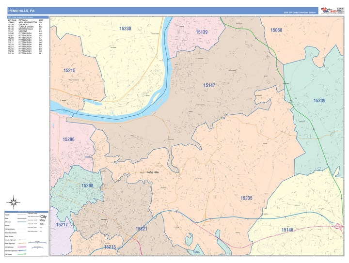 Color Cast Zip Code Style Wall Map of Penn Hills, PA