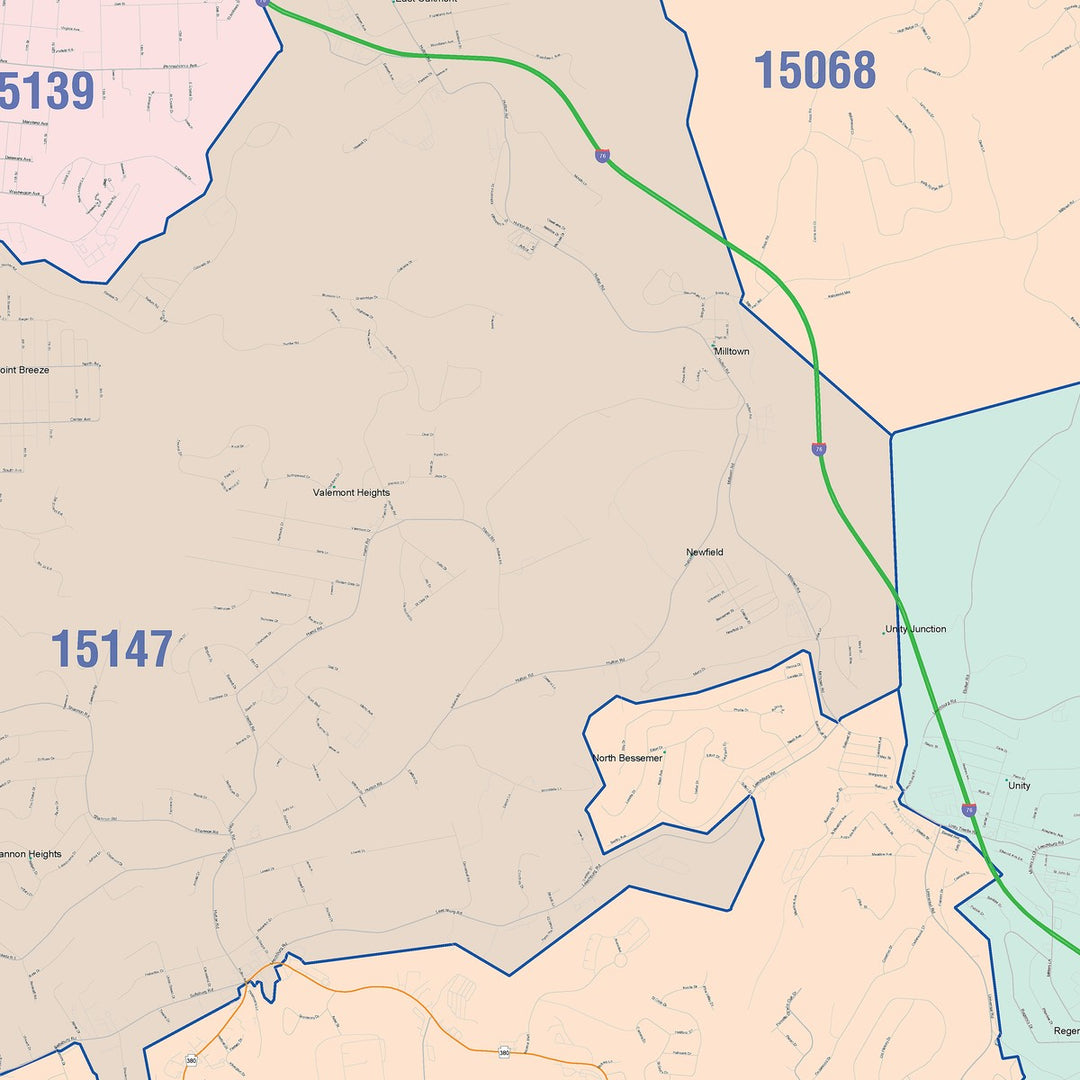 Color Cast Zip Code Style Wall Map of Penn Hills, PA