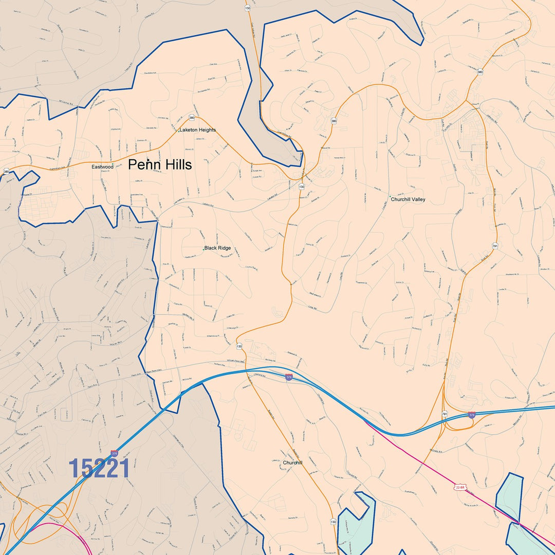 Color Cast Zip Code Style Wall Map of Penn Hills, PA