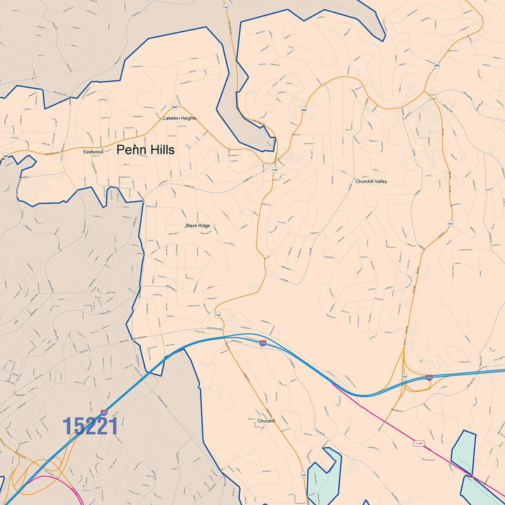 Color Cast Zip Code Style Wall Map of Penn Hills, PA