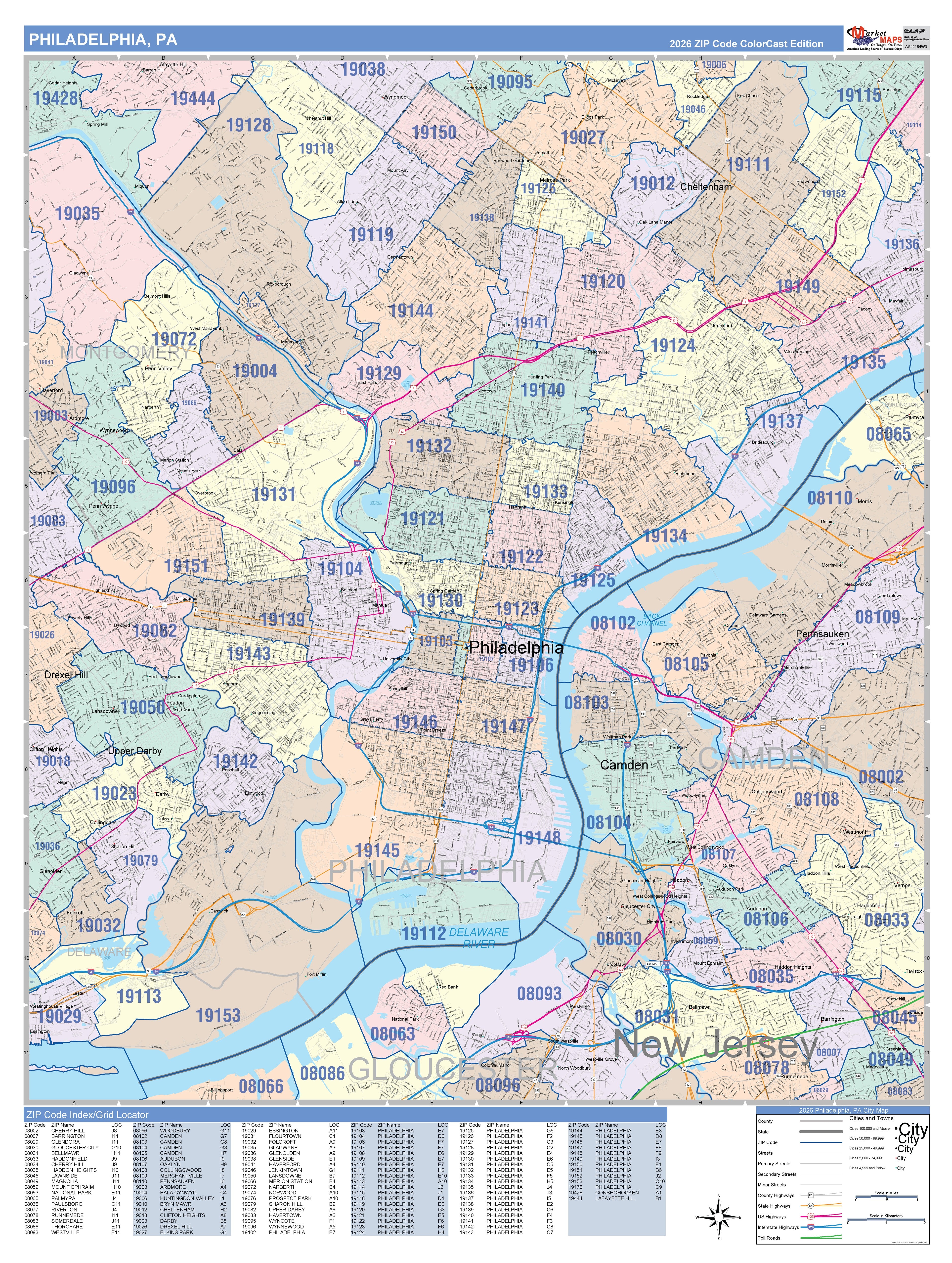 Colorcast Zip Code Style Wall Map of Philadelphia, PA – American