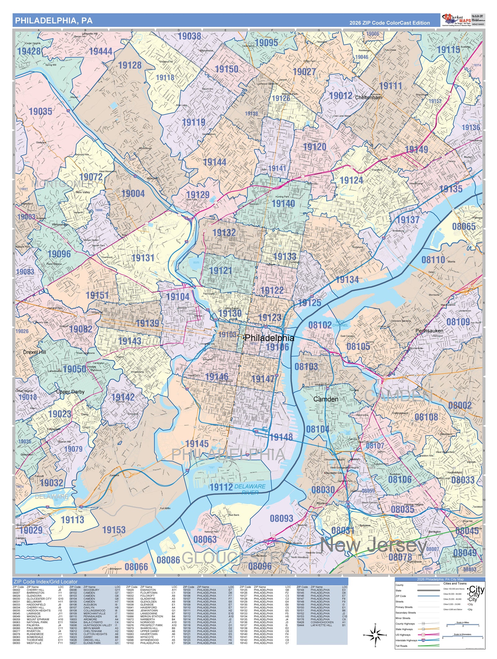 Colorcast Zip Code Style Wall Map of Philadelphia PA