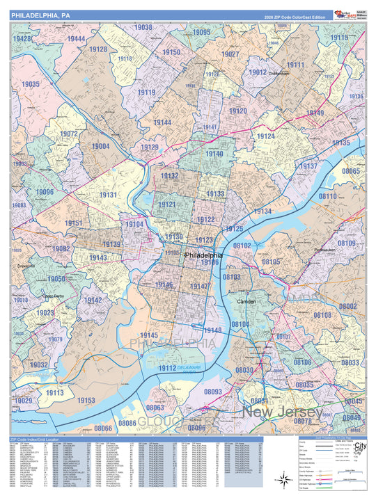 Colorcast Zip Code Style Wall Map of Philadelphia, PA – American Map Store