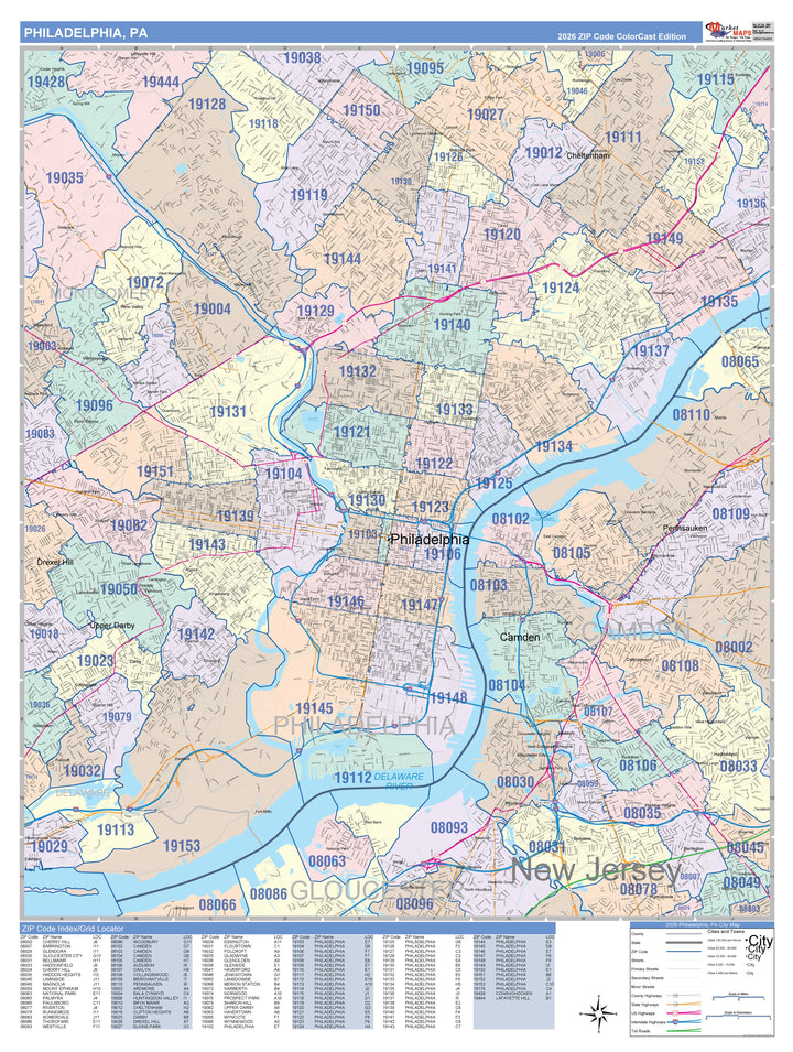 Colorcast Zip Code Style Wall Map of Philadelphia, PA – American Map Store