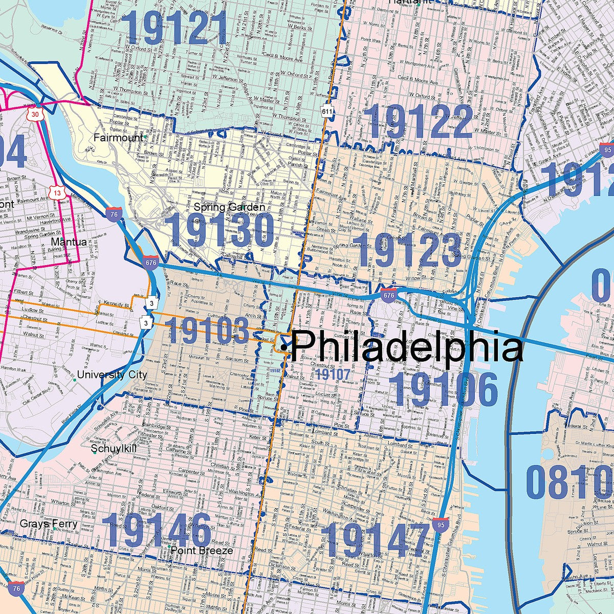 Colorcast Zip Code Style Wall Map of Philadelphia, PA – American