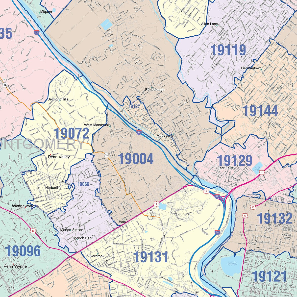 Colorcast Zip Code Style Wall Map of Philadelphia, PA – American