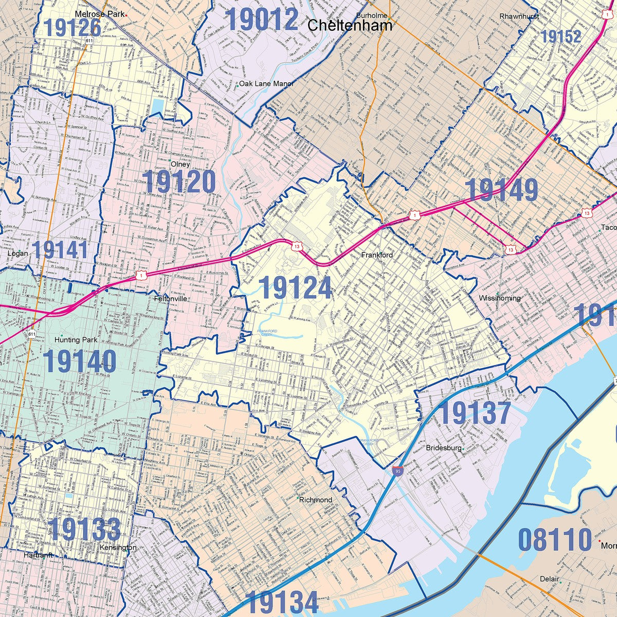 Colorcast Zip Code Style Wall Map of Philadelphia, PA – American