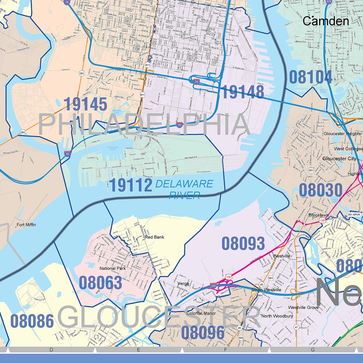 Colorcast Zip Code Style Wall Map of Philadelphia, PA – American