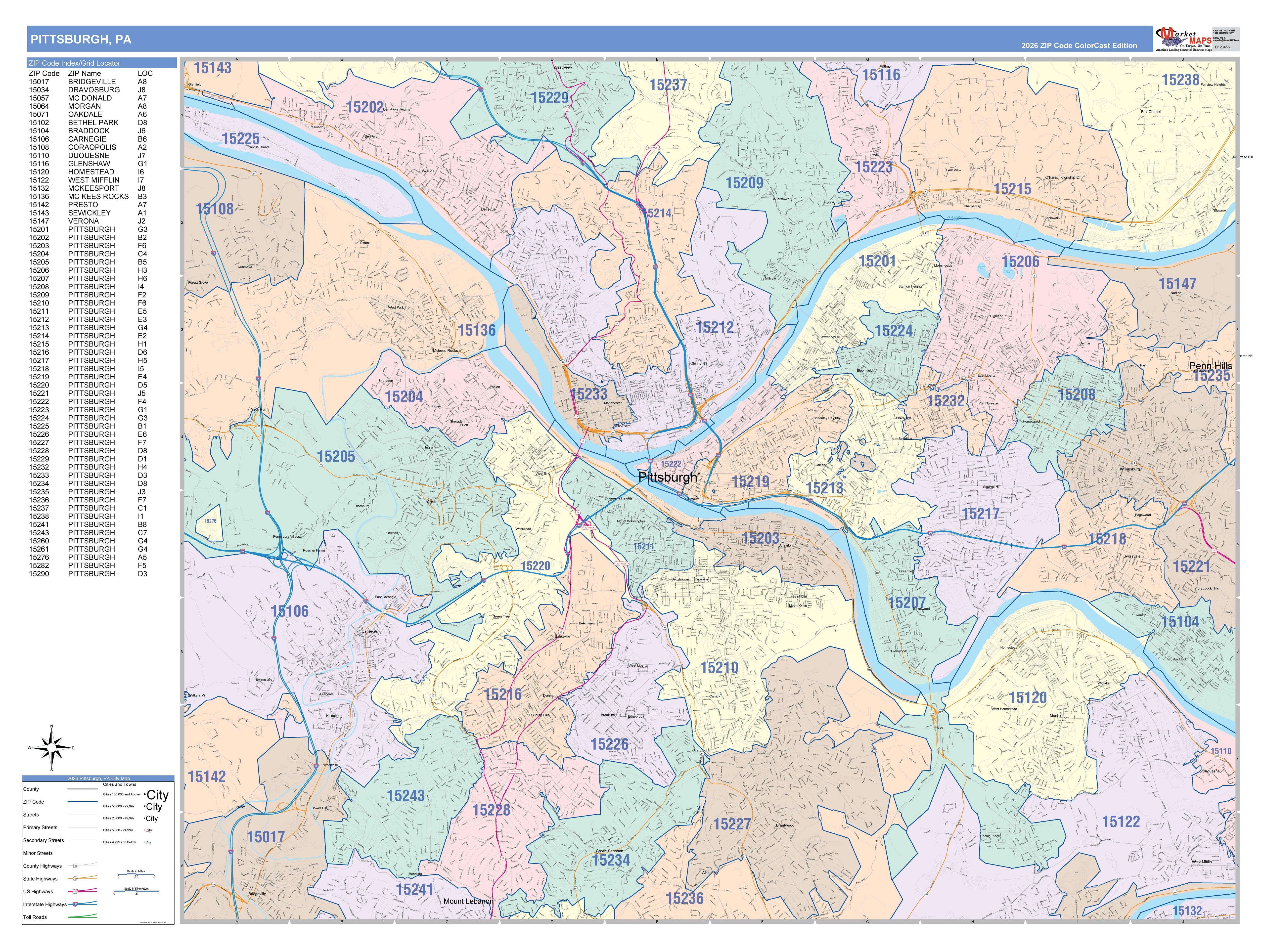 15237 Map Colorcast Zip Code Style Wall Map of Pittsburgh, PA – American Map Store
