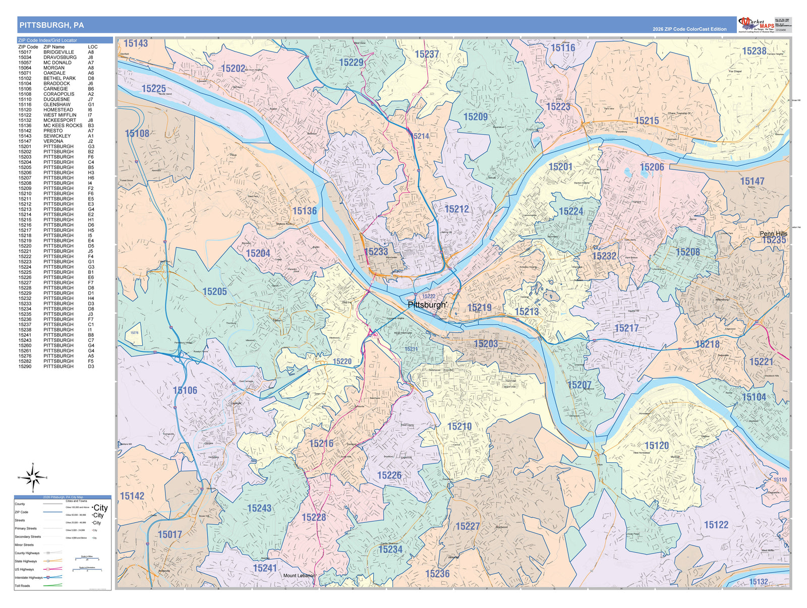 Colorcast Zip Code Style Wall Map of Pittsburgh PA