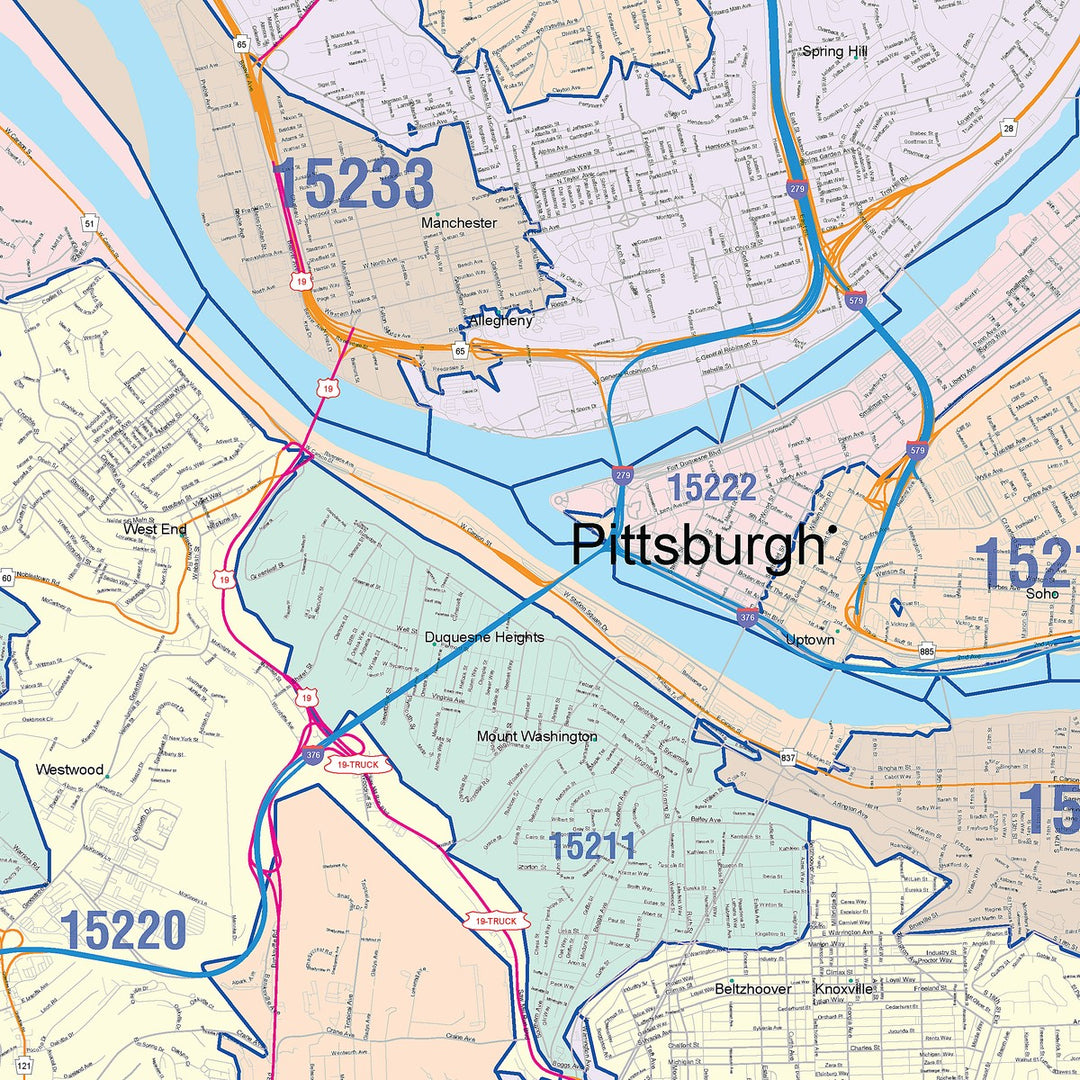 Colorcast Zip Code Style Wall Map of Pittsburgh, PA – American Map Store