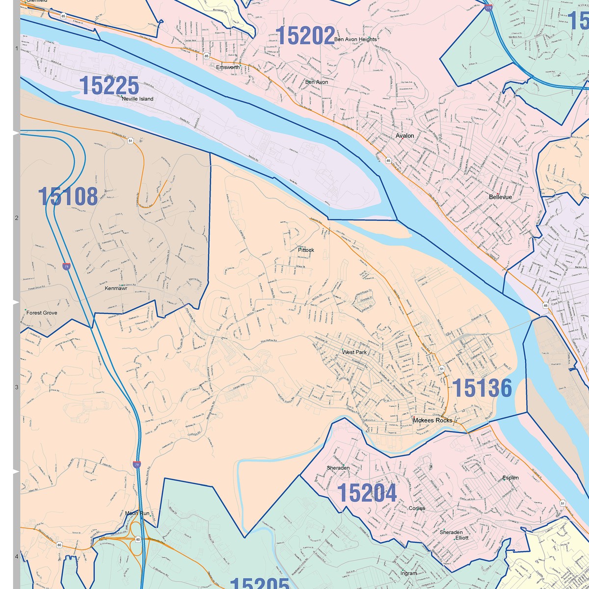 15237 Map Colorcast Zip Code Style Wall Map of Pittsburgh, PA – American Map Store