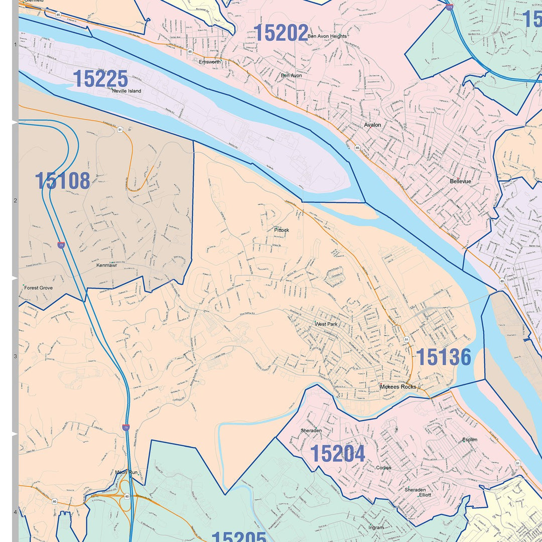 Colorcast Zip Code Style Wall Map of Pittsburgh, PA – American Map Store