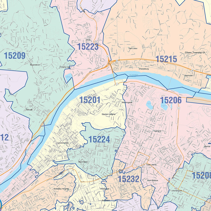 15237 Map Colorcast Zip Code Style Wall Map of Pittsburgh, PA – American Map Store