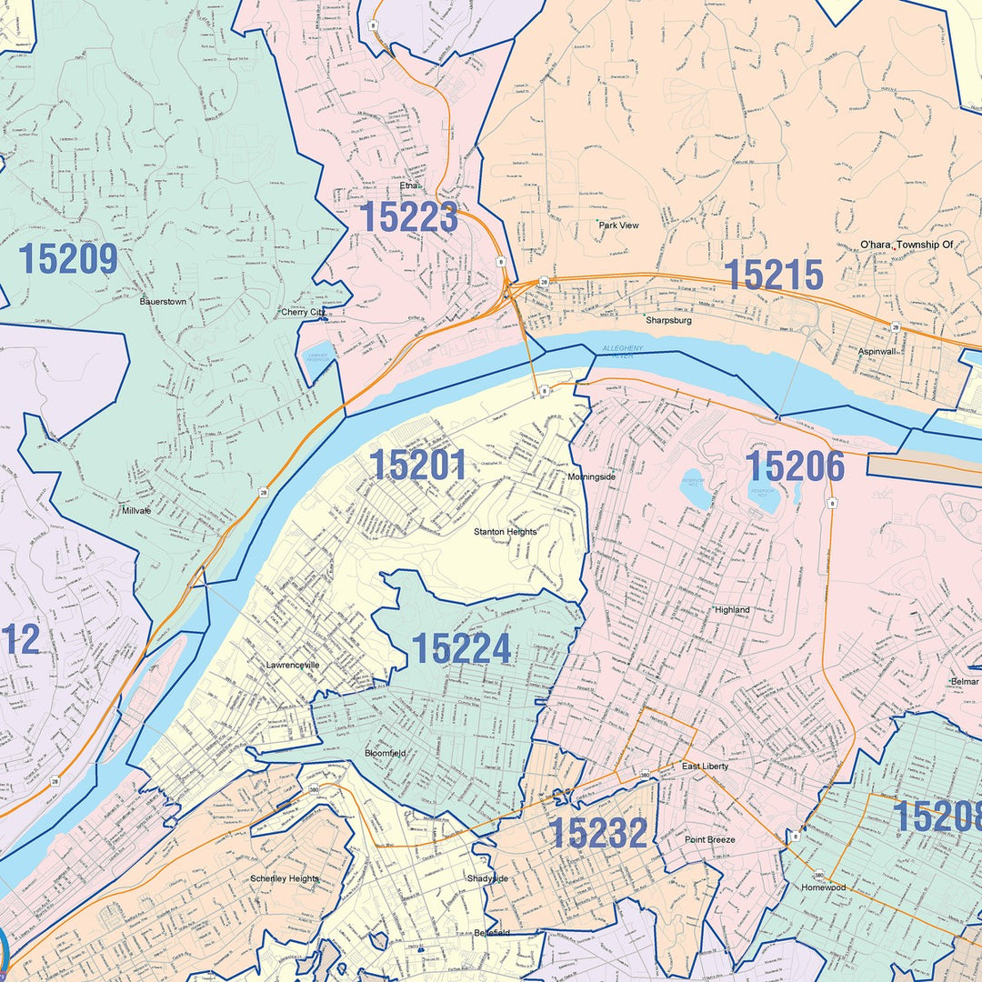 Colorcast Zip Code Style Wall Map of Pittsburgh, PA – American Map Store
