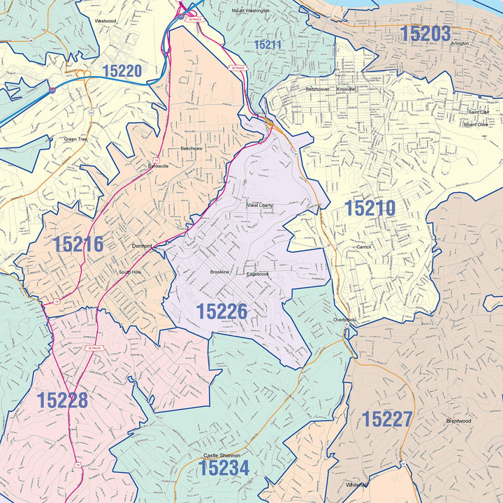 Colorcast Zip Code Style Wall Map of Pittsburgh, PA – American Map Store