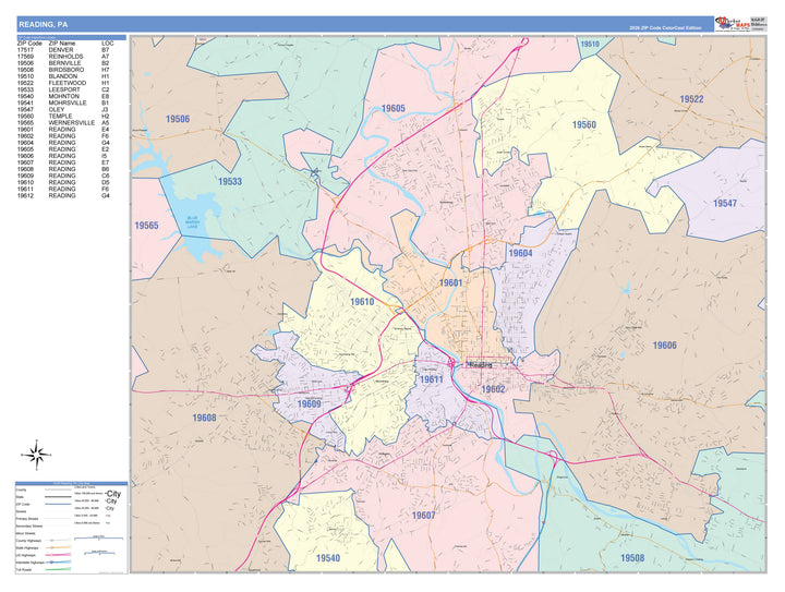 Color Cast Zip Code Style Wall Map of Reading, PA