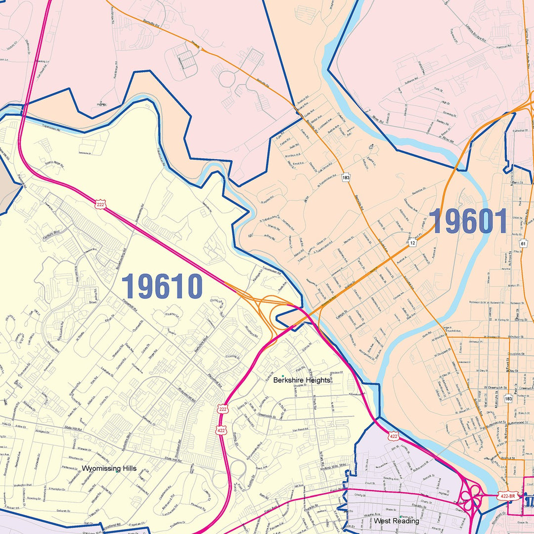 Color Cast Zip Code Style Wall Map of Reading, PA