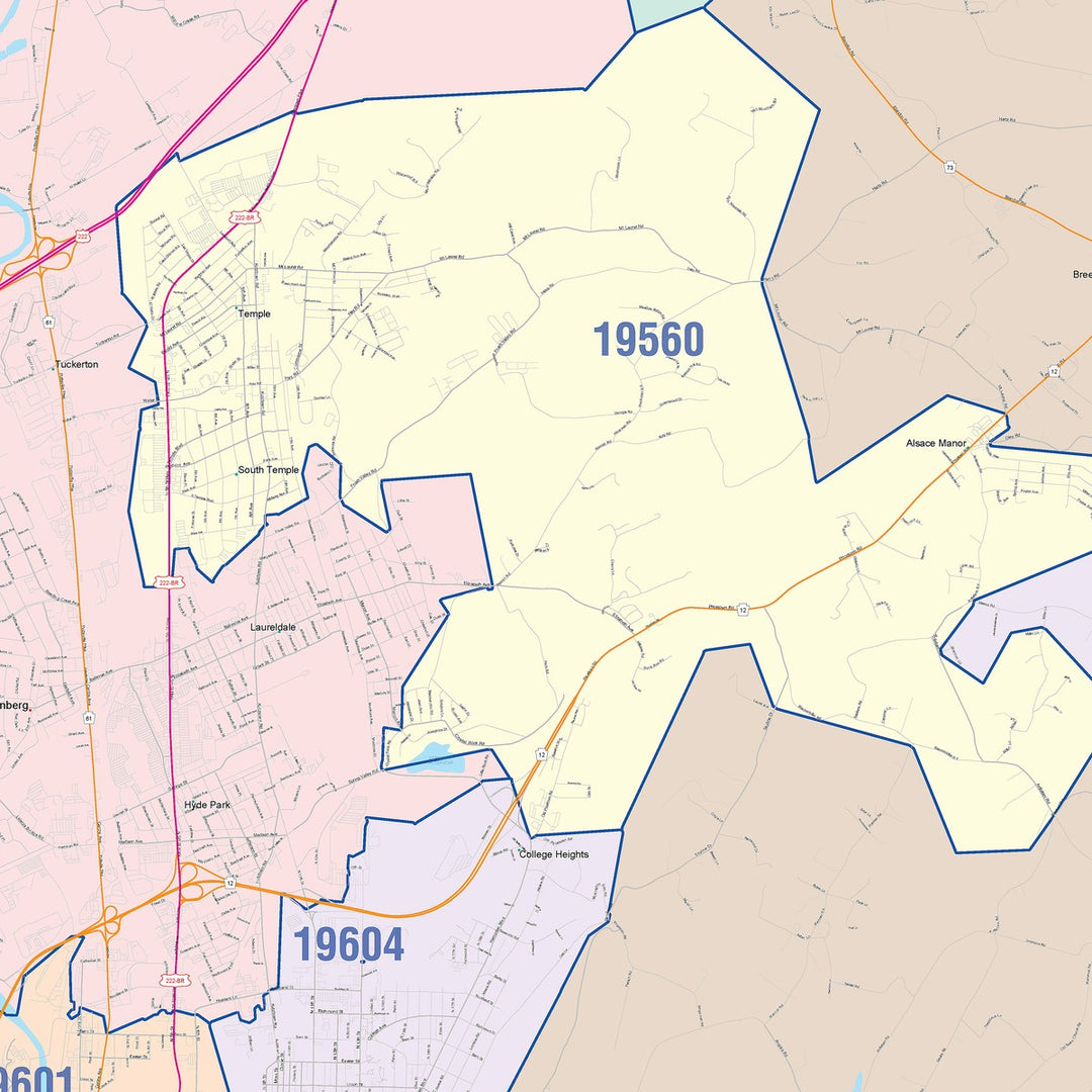 Color Cast Zip Code Style Wall Map of Reading, PA