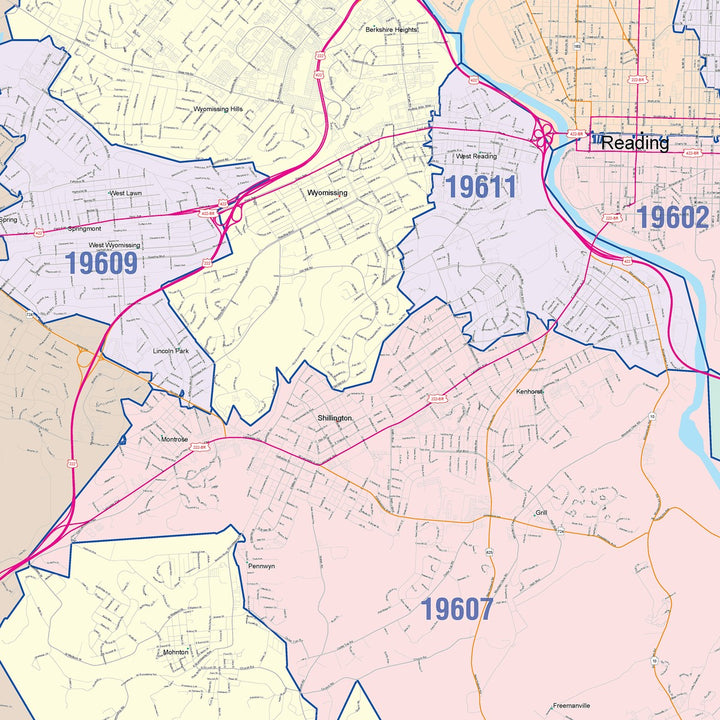 Color Cast Zip Code Style Wall Map of Reading, PA