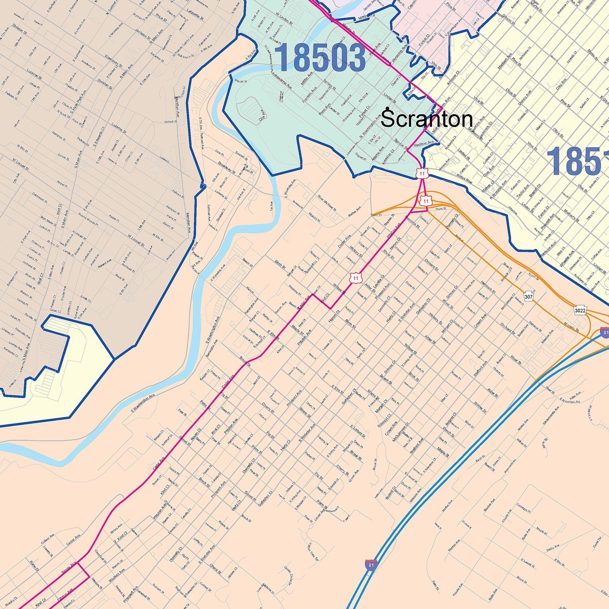 Color Cast Zip Code Style Wall Map of Scranton, PA – American Map