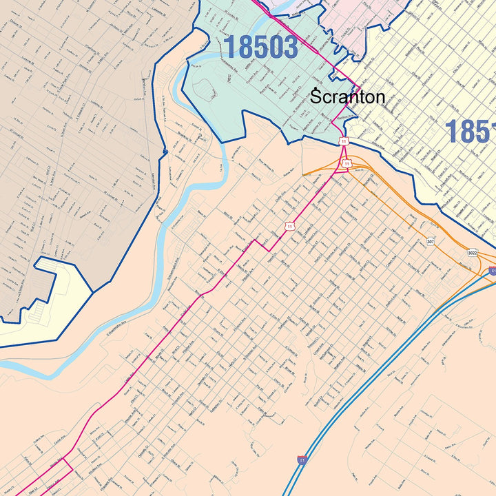 Color Cast Zip Code Style Wall Map of Scranton, PA