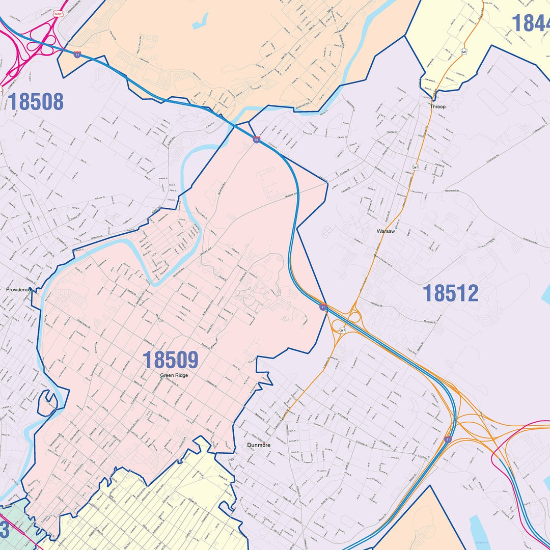 Color Cast Zip Code Style Wall Map of Scranton, PA