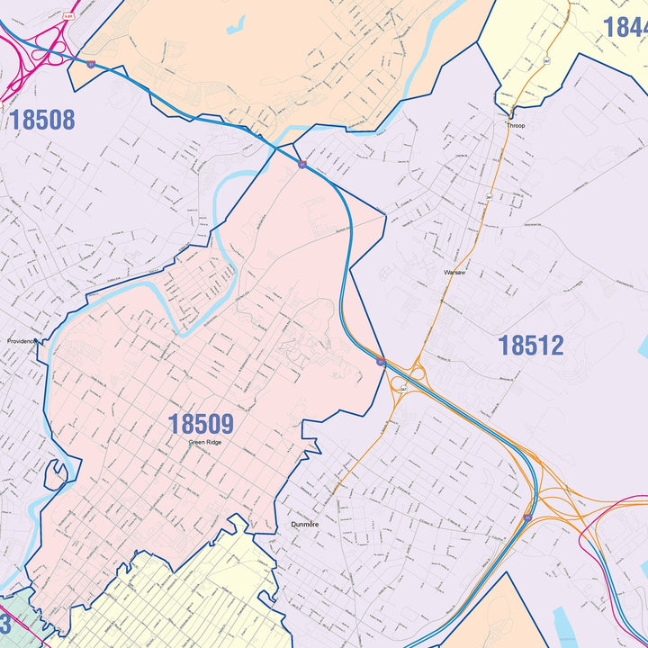 Color Cast Zip Code Style Wall Map of Scranton, PA