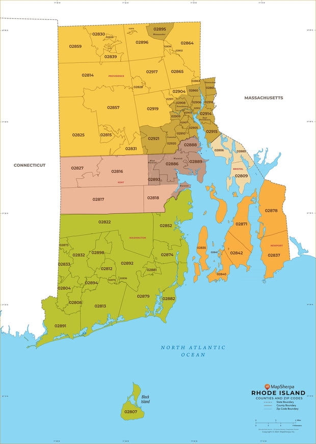 Rhode Island Zip Code Map with Counties