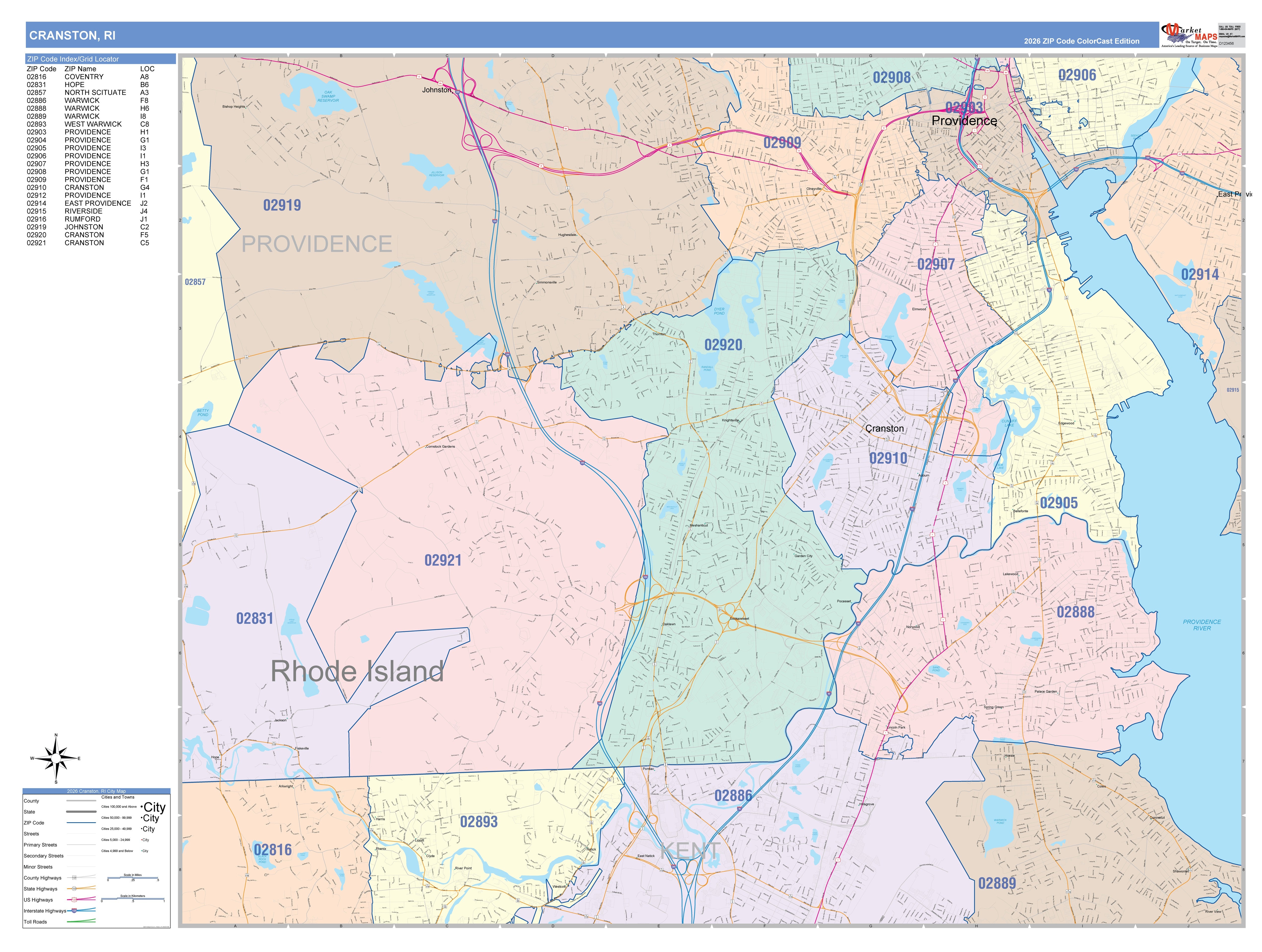 Color Cast Zip Code Style Wall Map of Cranston, RI – American Map Store