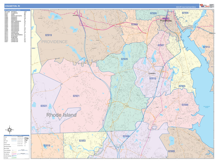 Color Cast Zip Code Style Wall Map of Cranston, RI