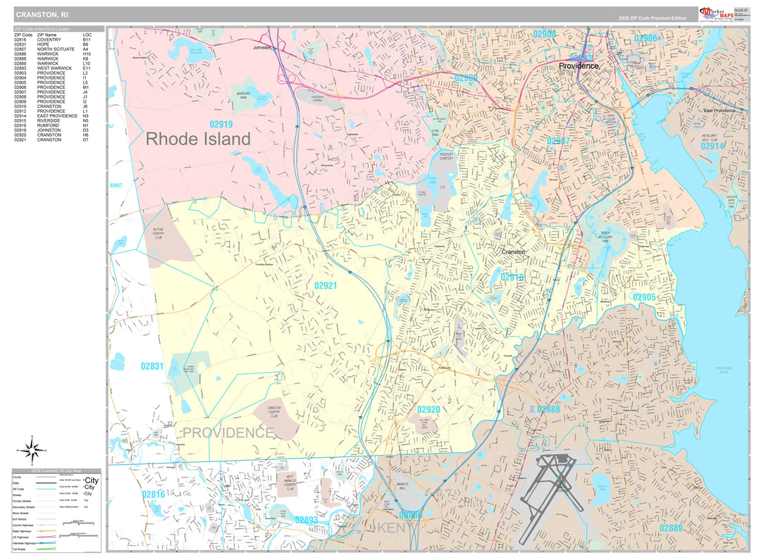 Premium Style Wall Map of Cranston, RI