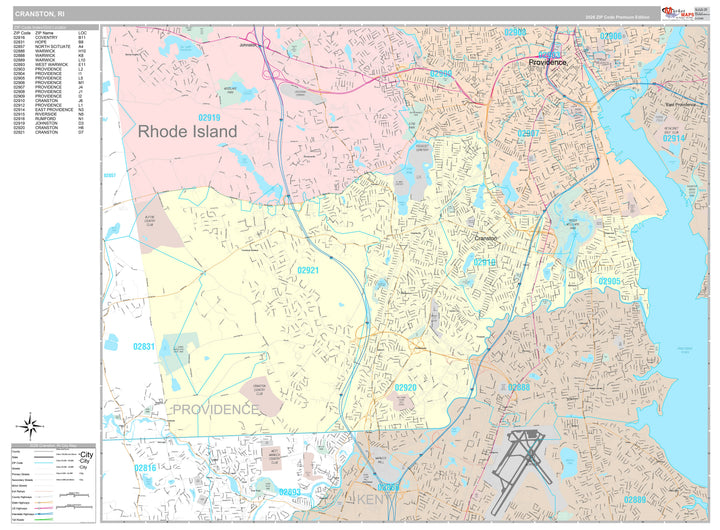 Premium Style Wall Map of Cranston, RI