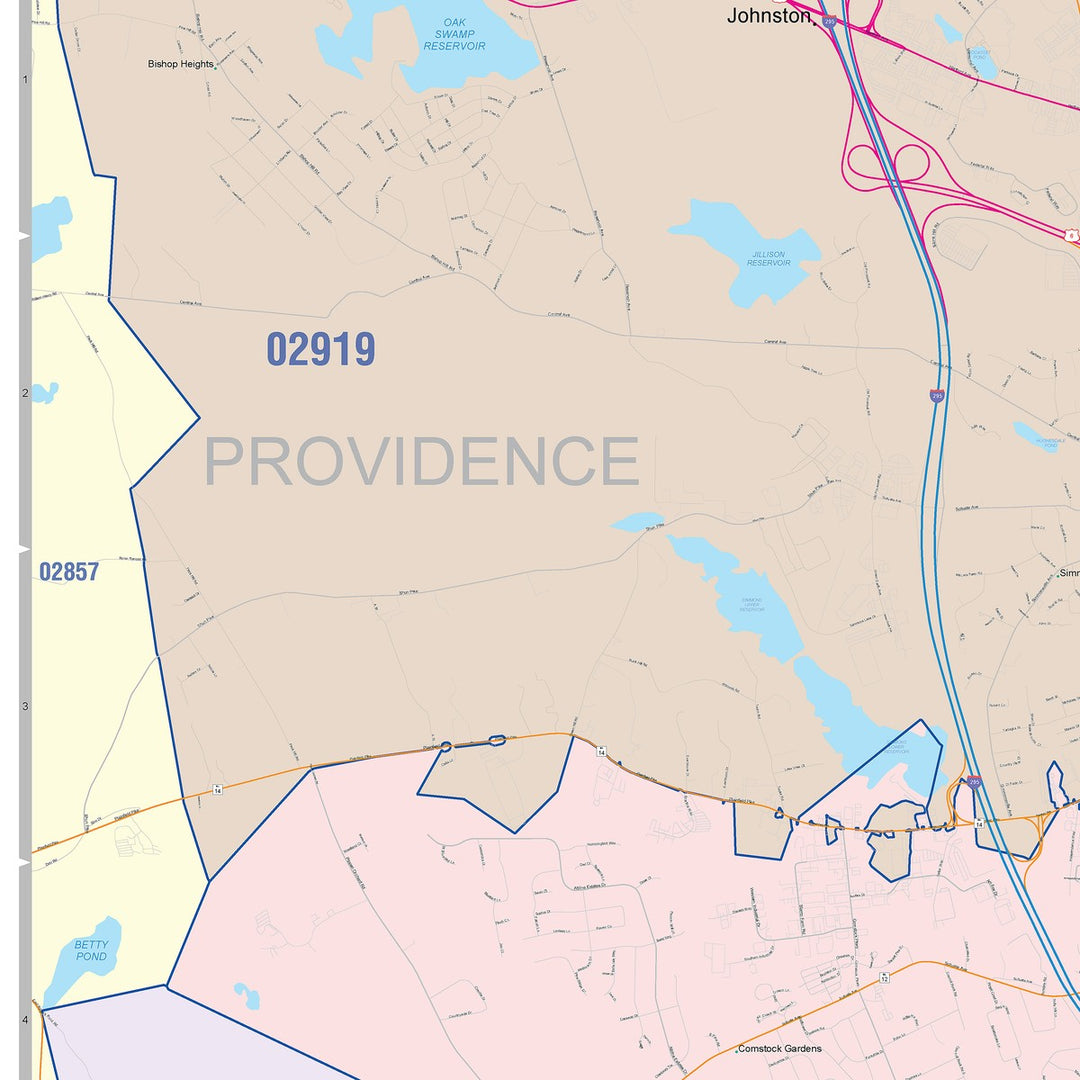 Color Cast Zip Code Style Wall Map of Cranston, RI