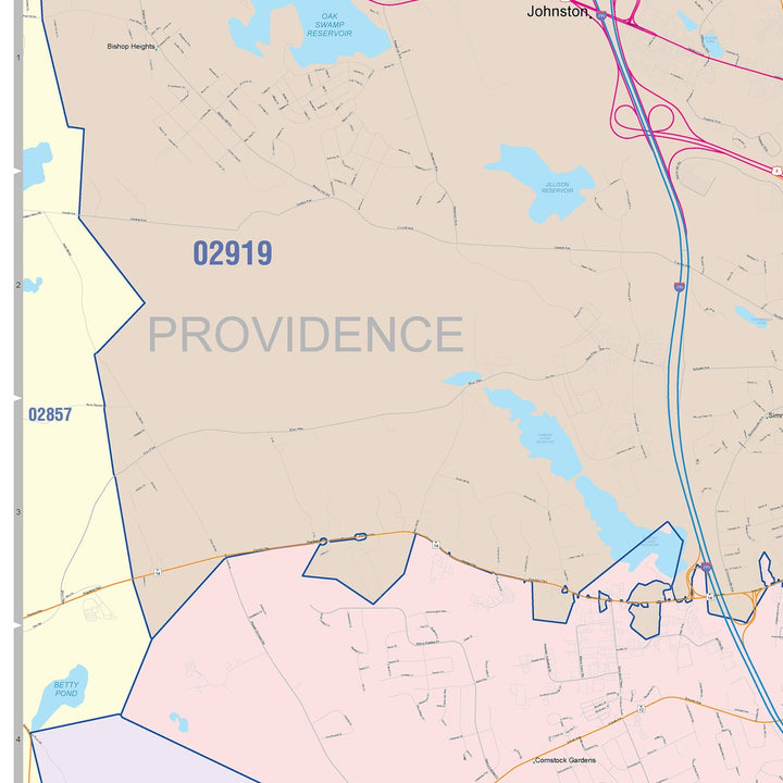 Color Cast Zip Code Style Wall Map of Cranston, RI