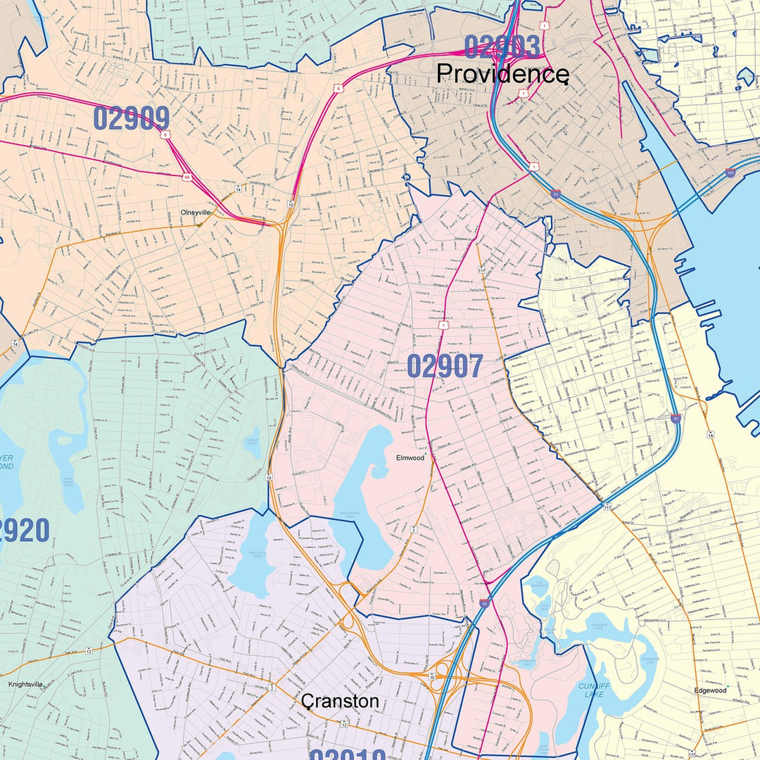 Color Cast Zip Code Style Wall Map of Cranston, RI