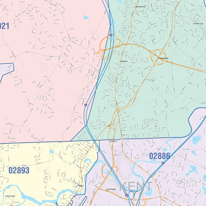 Color Cast Zip Code Style Wall Map of Cranston, RI