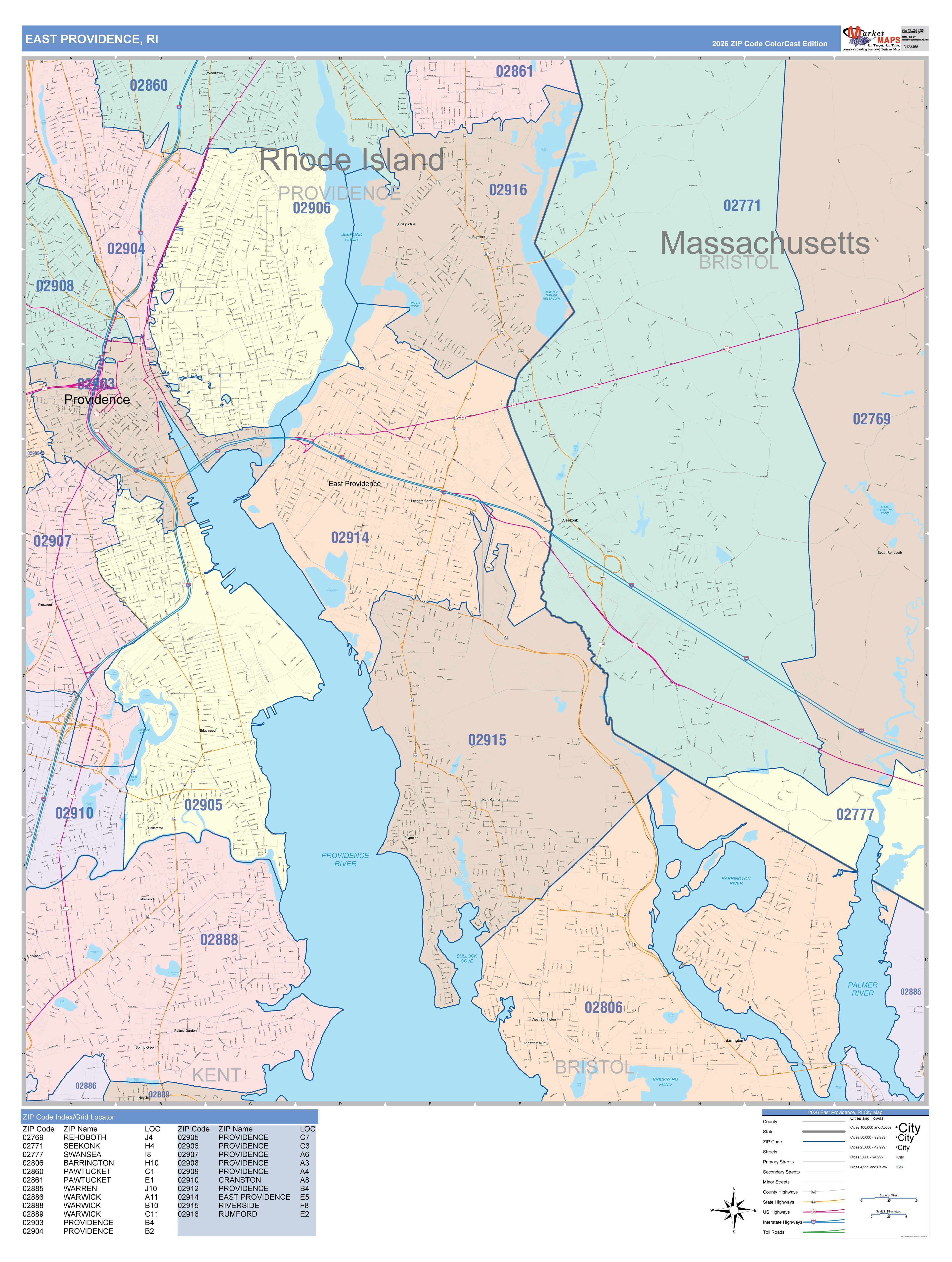 Color Cast Zip Code Style Wall Map of East Providence, RI – American ...
