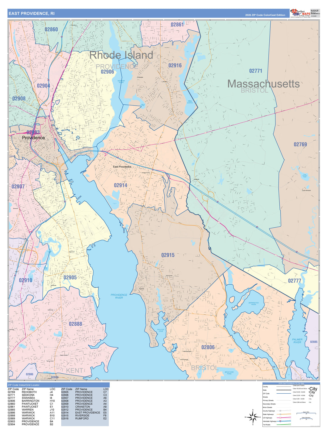 Color Cast Zip Code Style Wall Map of East Providence, RI