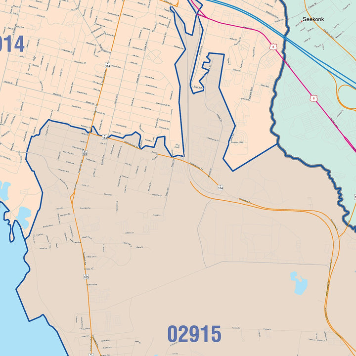 Color Cast Zip Code Style Wall Map of East Providence, RI