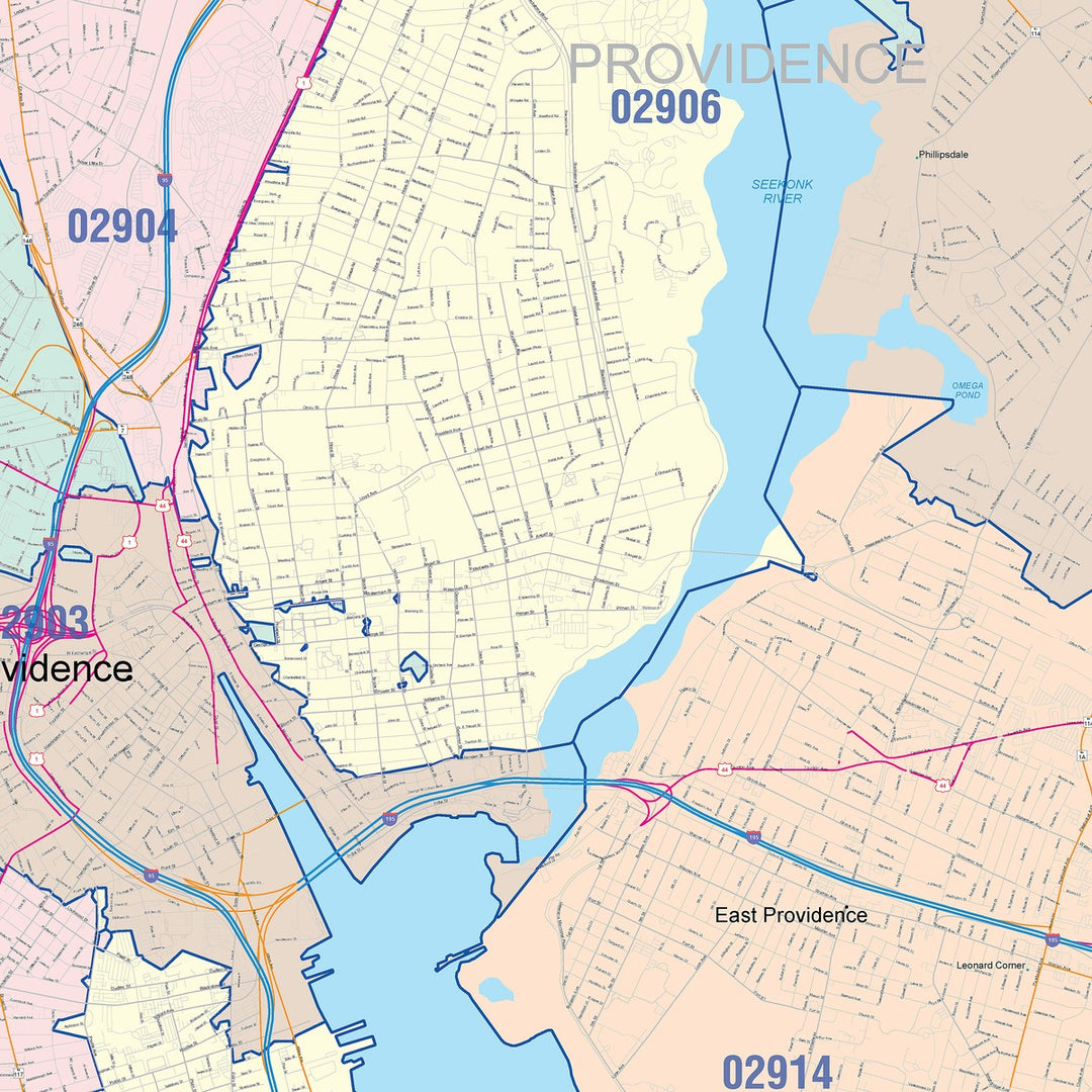Color Cast Zip Code Style Wall Map of East Providence, RI