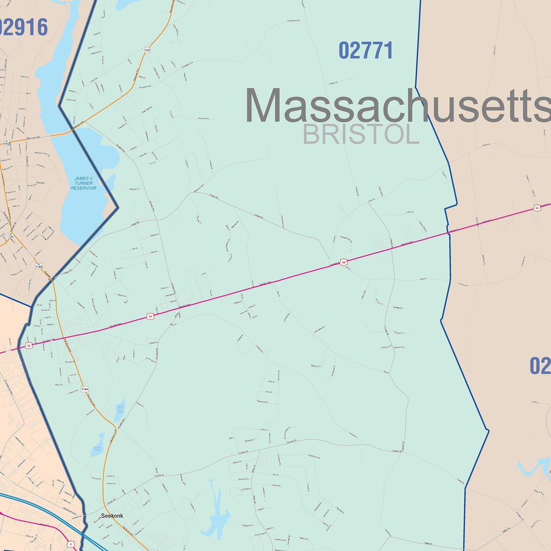 Color Cast Zip Code Style Wall Map of East Providence, RI