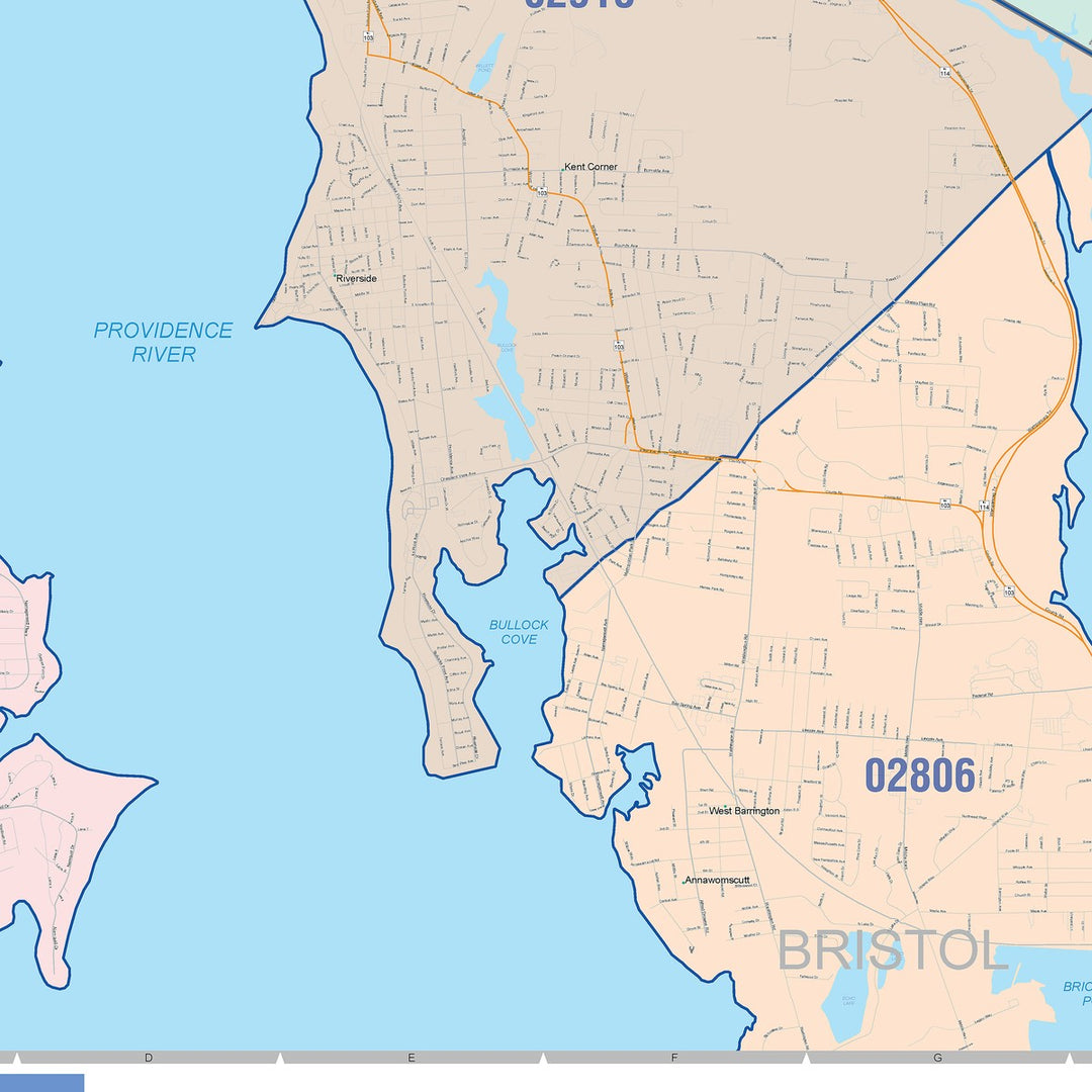 Color Cast Zip Code Style Wall Map of East Providence, RI