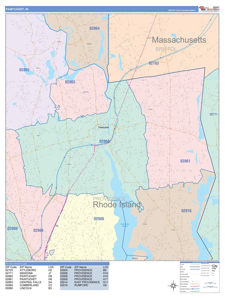 Color Cast Zip Code Style Wall Map of Pawtucket, RI
