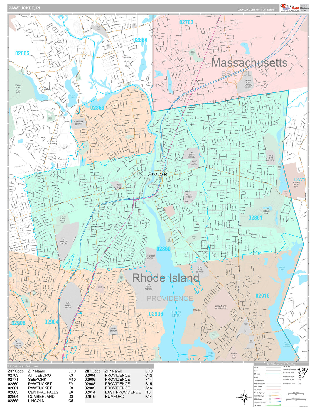 Premium Style Wall Map of Pawtucket, RI