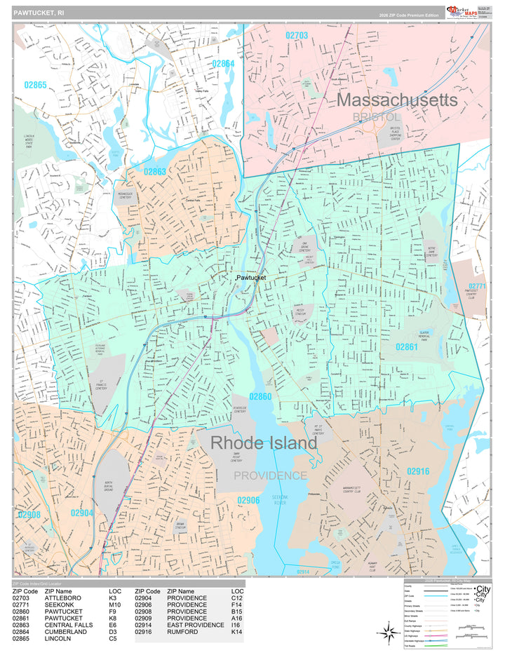 Premium Style Wall Map of Pawtucket, RI