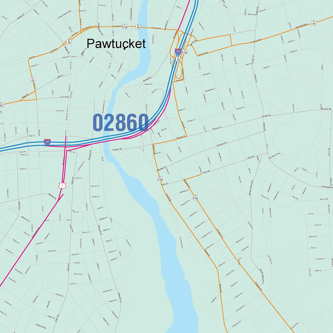 Color Cast Zip Code Style Wall Map of Pawtucket, RI