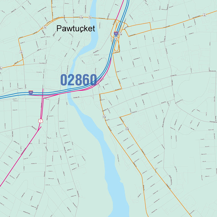 Color Cast Zip Code Style Wall Map of Pawtucket, RI