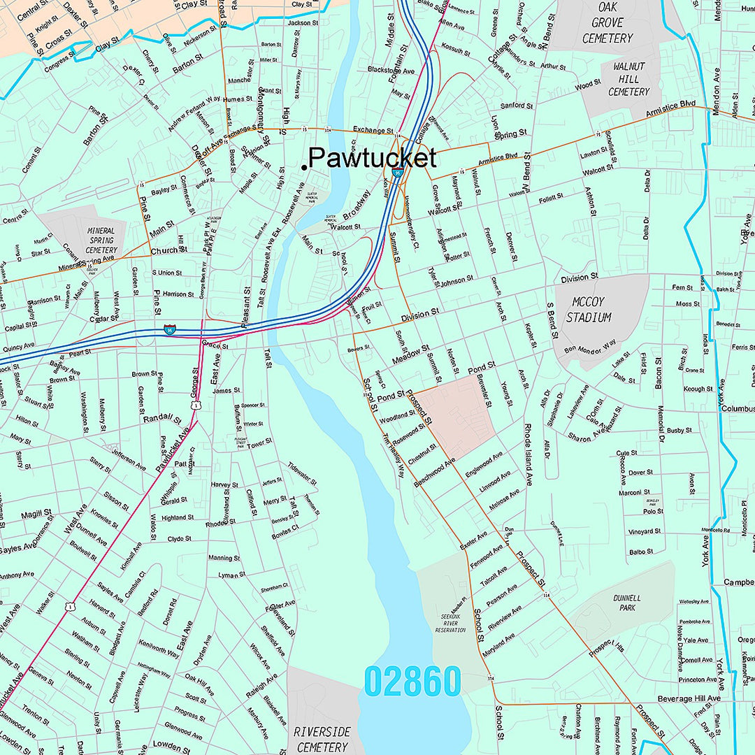 Premium Style Wall Map of Pawtucket, RI
