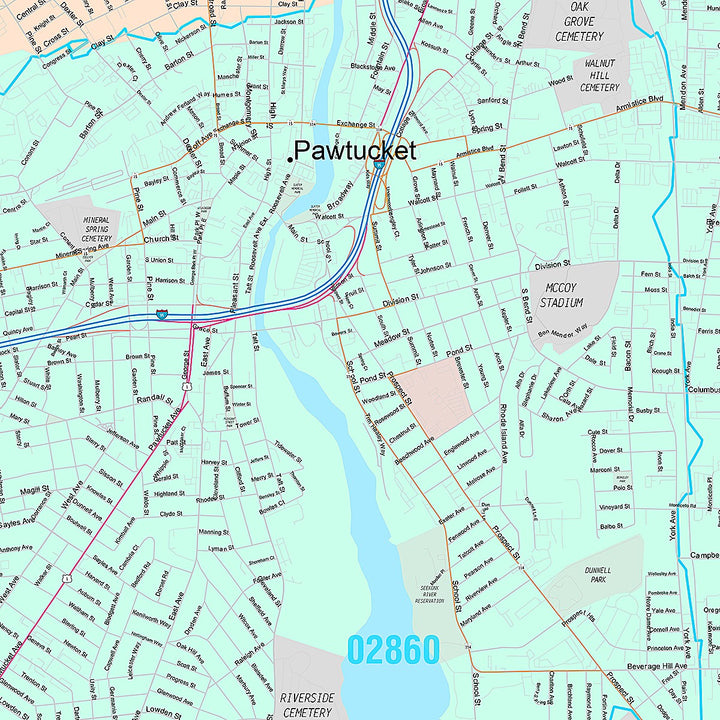 Premium Style Wall Map of Pawtucket, RI